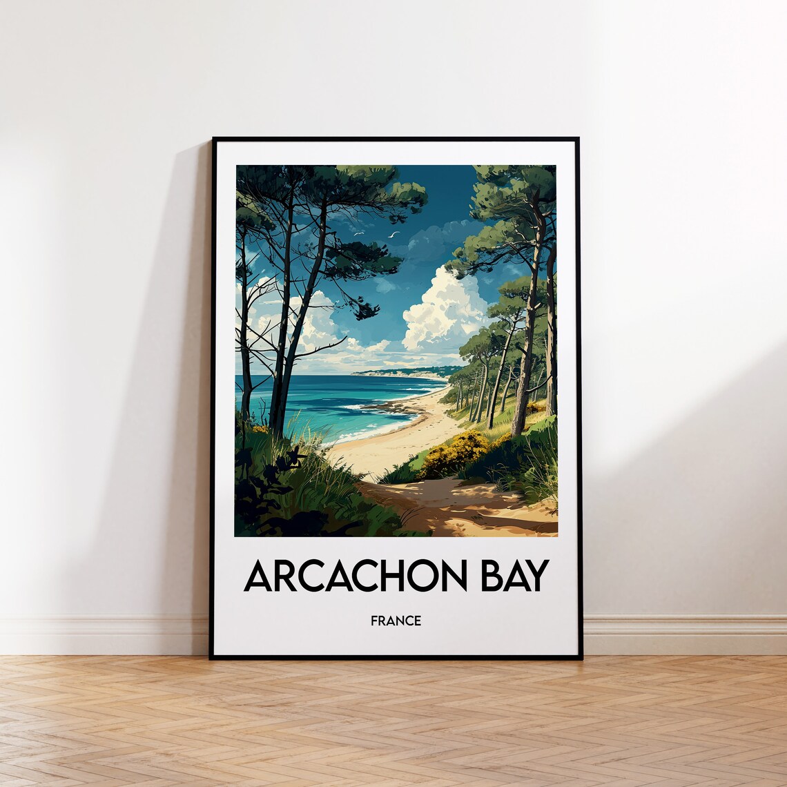 Sunny Scenic Arcachon Bay France Pine Trees Beach Travel Poster