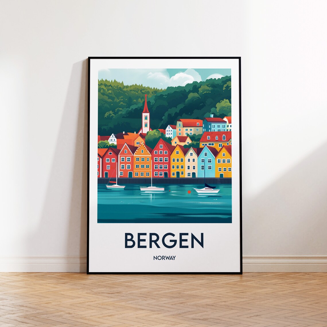 Bergen Norway Retro Travel Poster Colorful Harbor Houses Art
