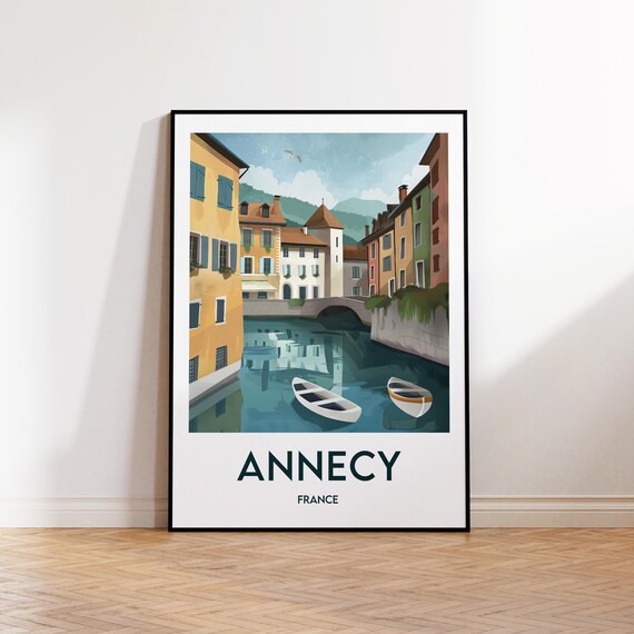 Annecy France Canal With Boats Old Town Vintage Travel Poster