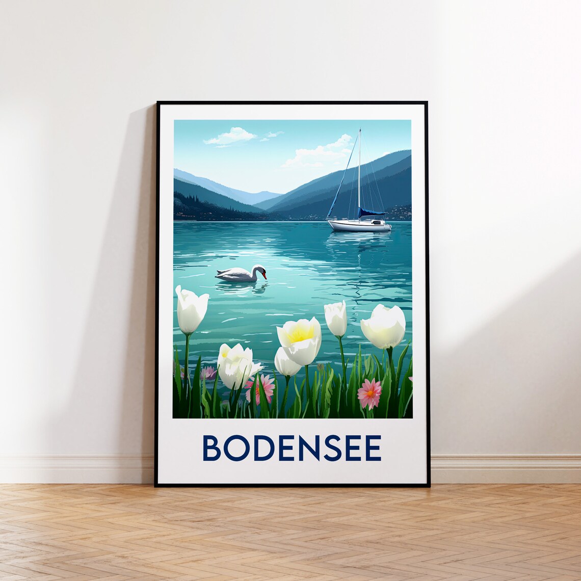 Bodensee Lake Constance Sailboat Swan Tulips Vintage Travel Poster
