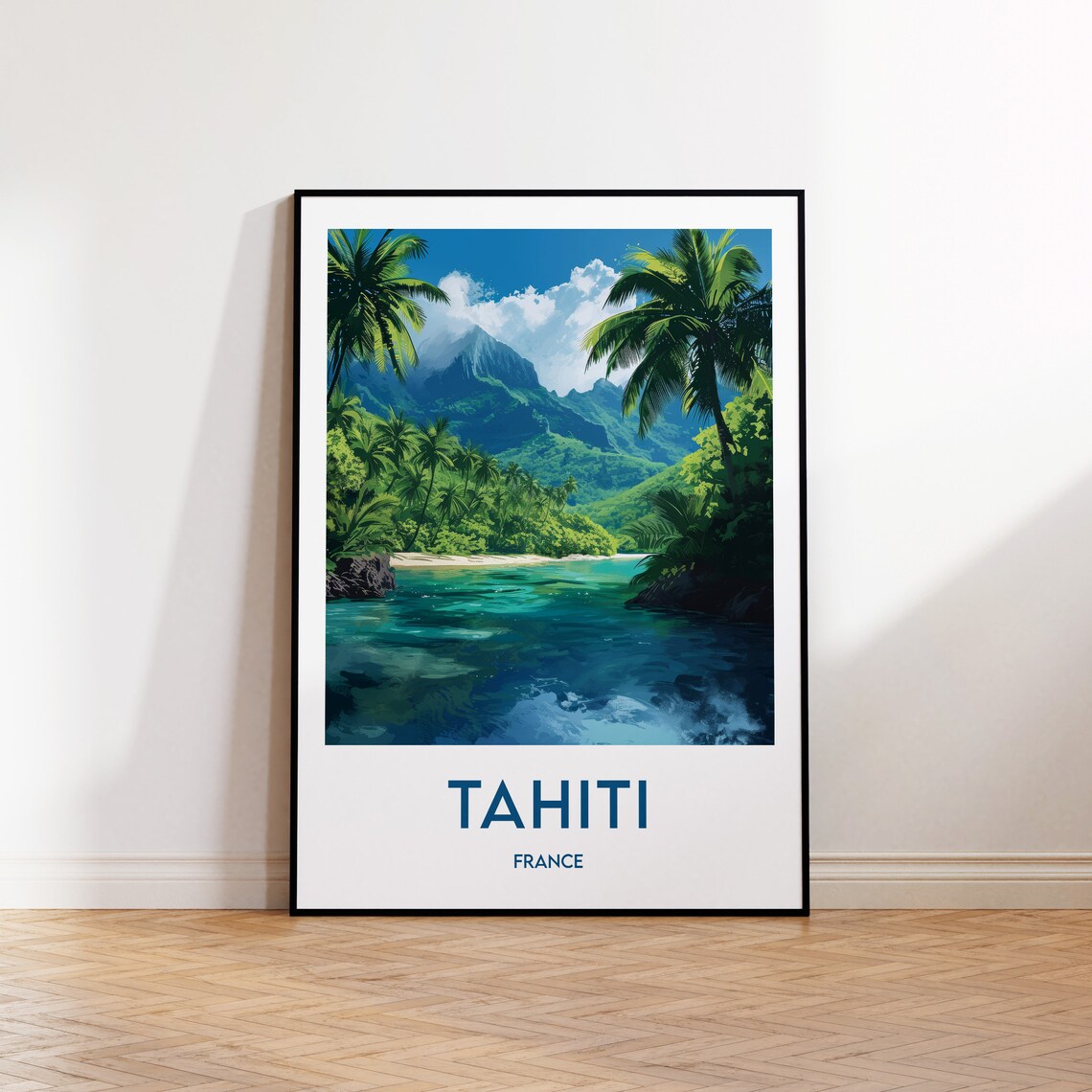 Tahiti France Vintage Travel Poster with Palm Trees and Lagoon
