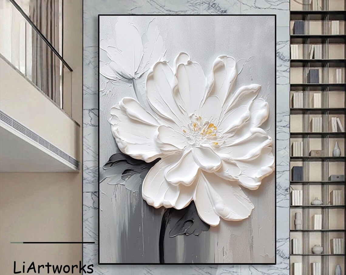 White Peony With Gold Stamens On Gray Textured Floral Art Poster