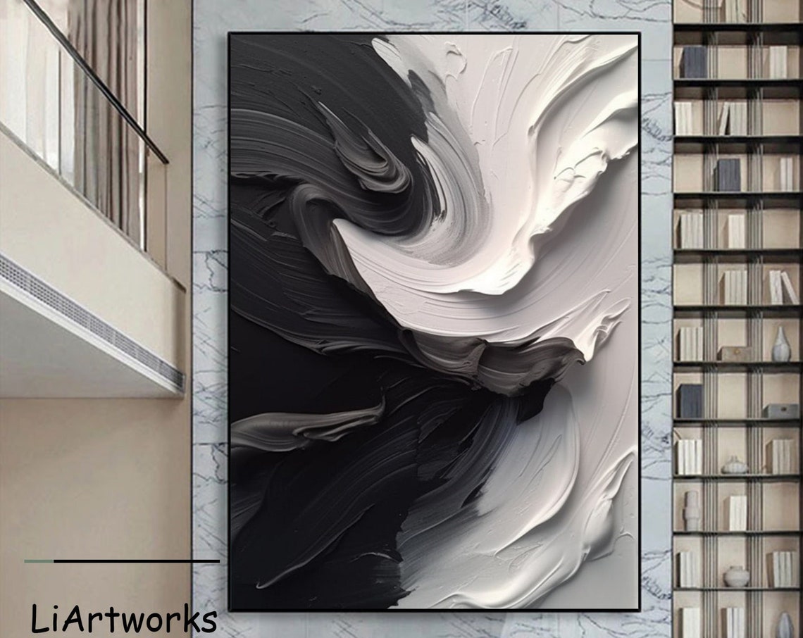 Black and White Circular Swirl Impasto Abstract Bold Modern Art Poster