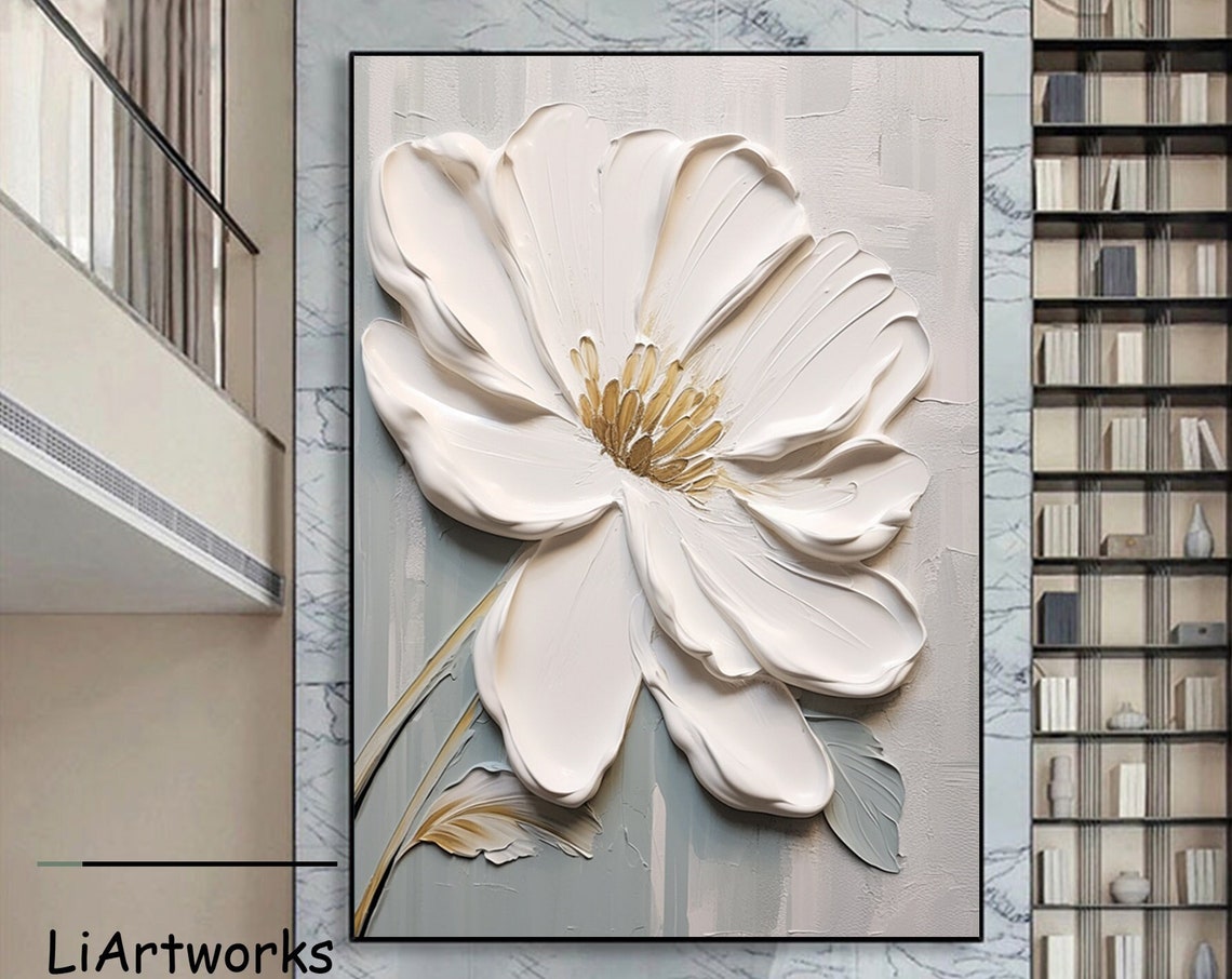 White Flower With Golden Heart On Soft Gray Textured Art Poster