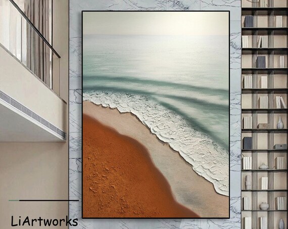 Aerial View of Coastal Waves on Terracotta Sand Textured Ocean Poster