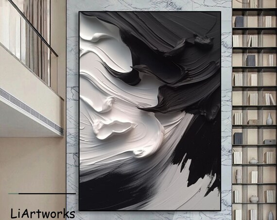 Large Black And White Abstract Wall Art Black And White 3d Textured Painting Black White Textured Wall Art Abstract Wall Decor