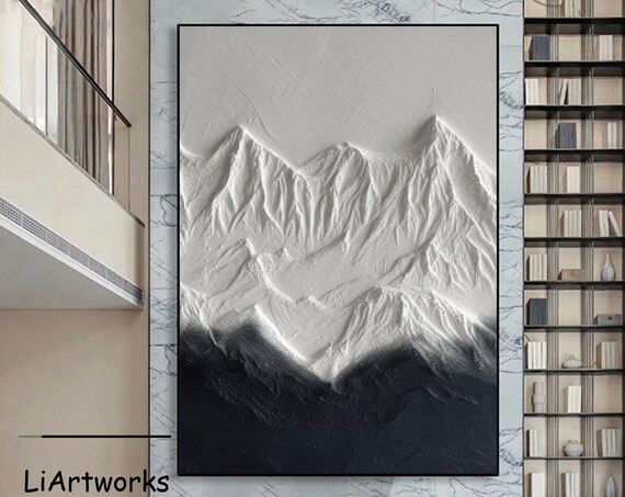 Black And White Minimalist Mountain Abstract Painting 3d Black And White Textured Painting White Textured Art Snow Mountain Art Office Decor