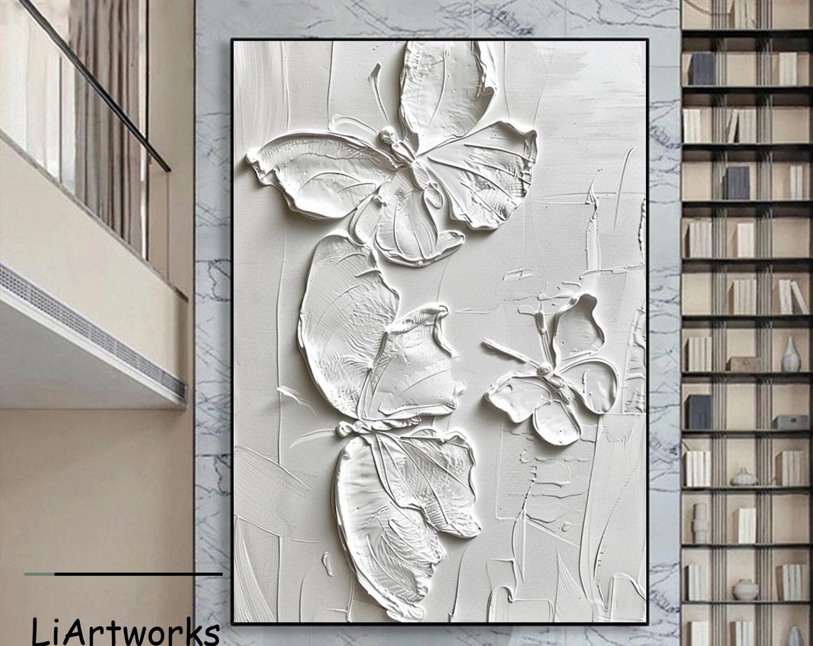 Three White Butterflies 3D Textured Sculptural Relief Poster