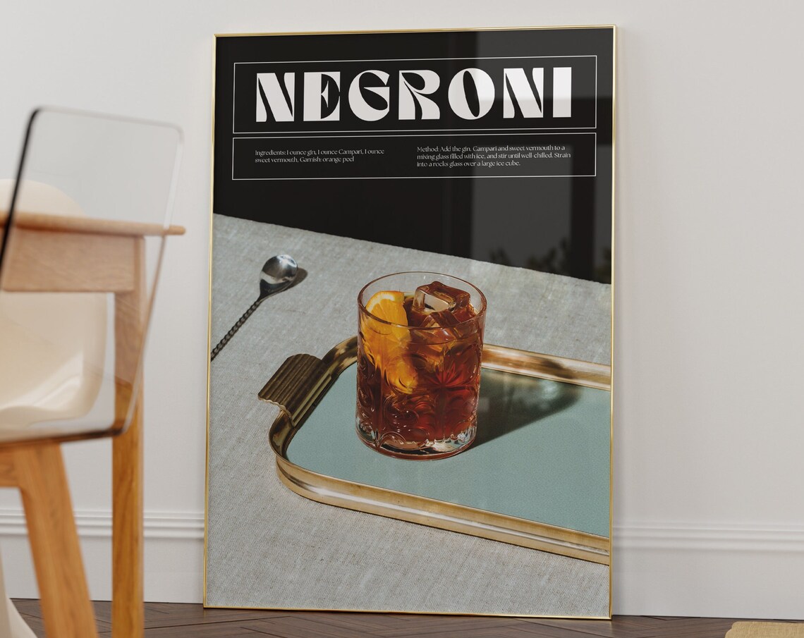 Negroni Cocktail Recipe Print Black Bar Cart Kitchen Wall Decor