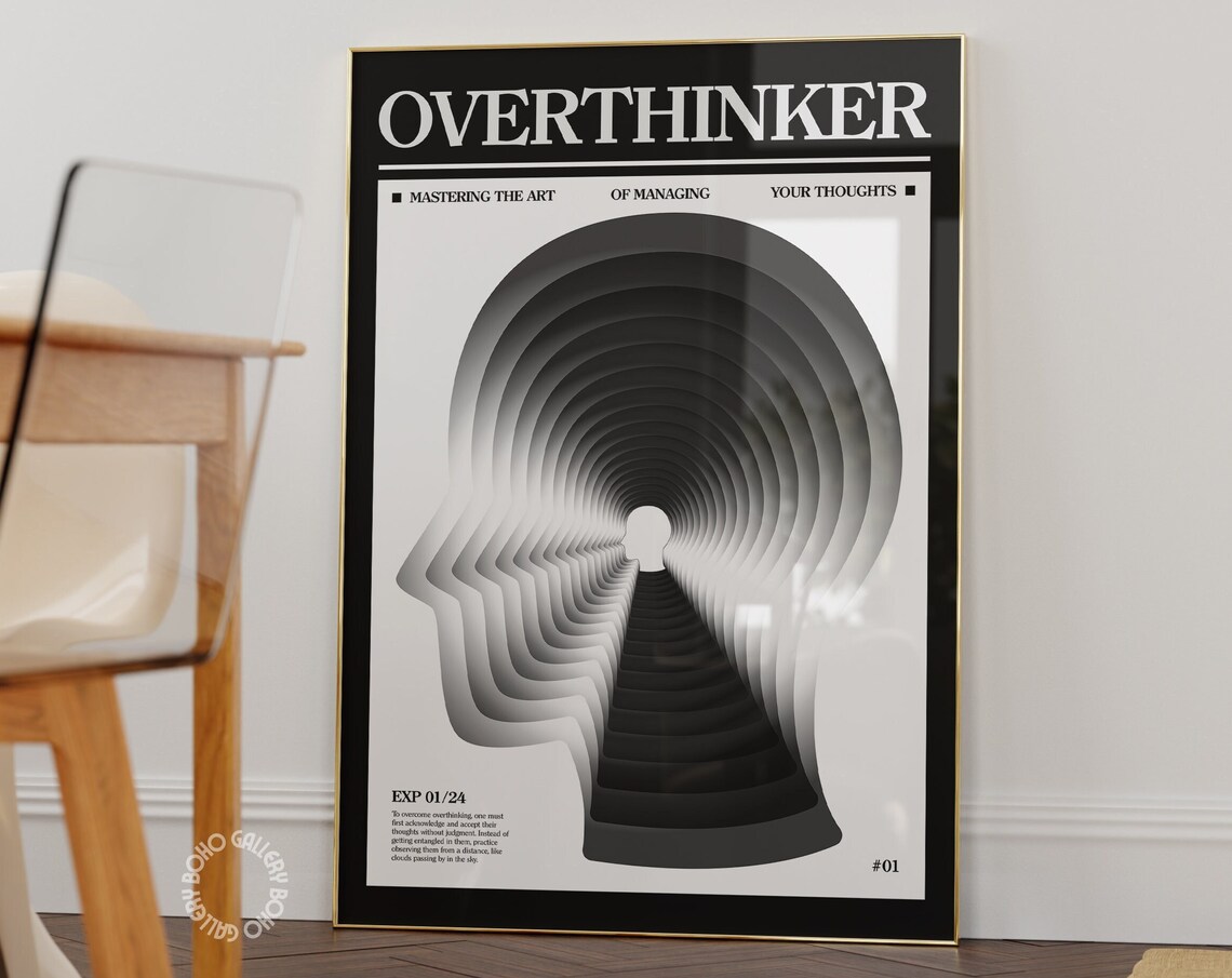 Overthinker Mind Optical Illusion Head Black White Art Poster - Image 3