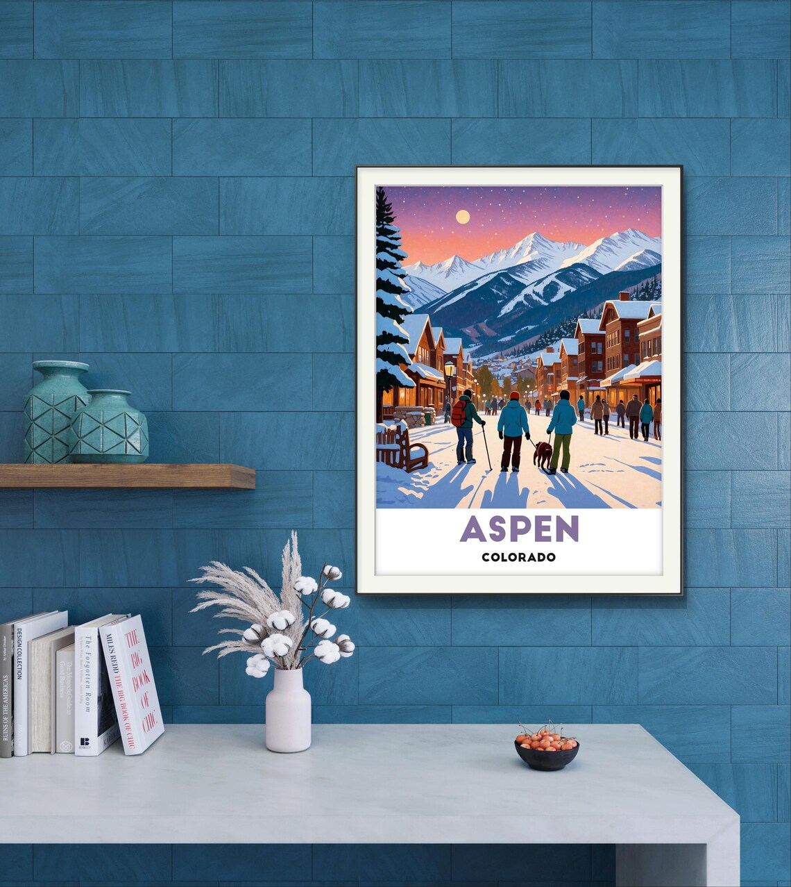 Aspen Colorado Winter Street Sunset Skier Village Scene Travel Poster