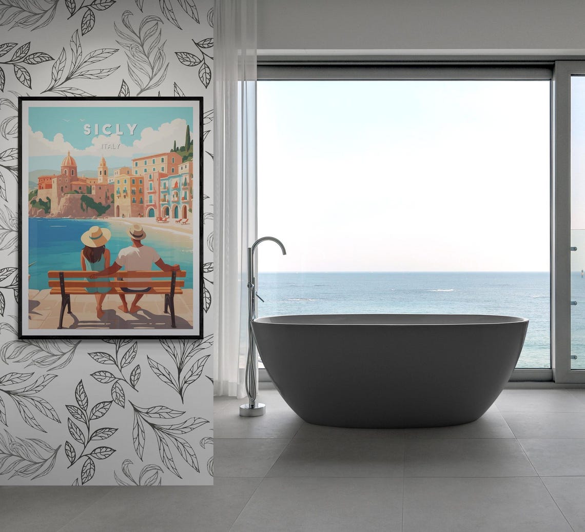 Sicily Italy Couple Bench Coastal Town Retro Sea View Poster - Image 2