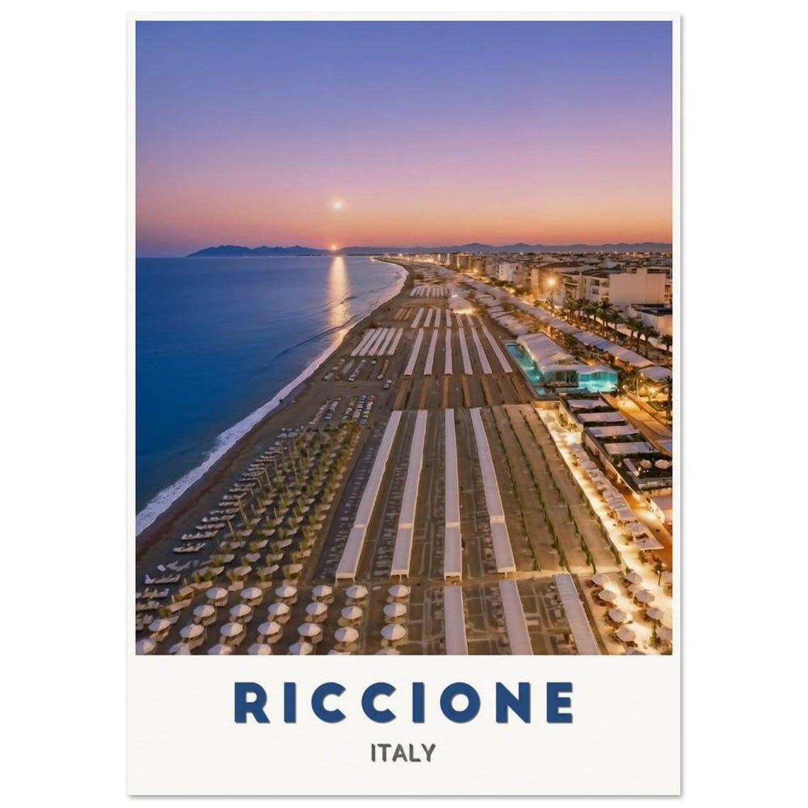Riccione Italy Adriatic Beach Dusk Aerial Umbrellas Travel Poster