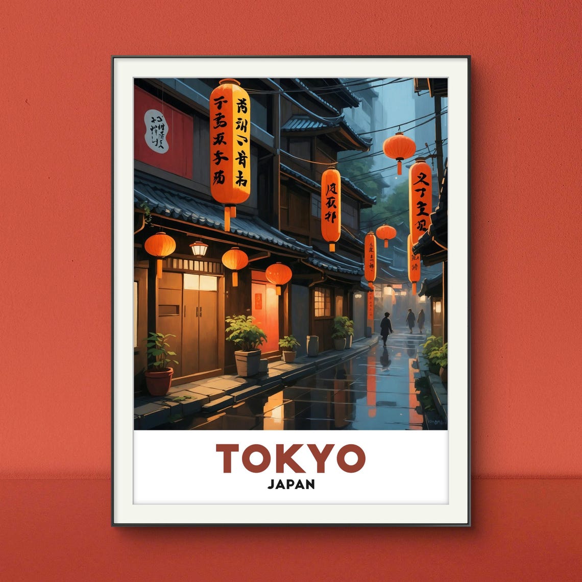 Tokyo Japan Lantern Lit Alley in the Rain With Old Wooden Shops Poster