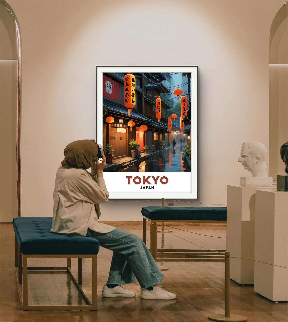 Tokyo Japan Lantern Lit Alley in the Rain With Old Wooden Shops Poster - Image 3