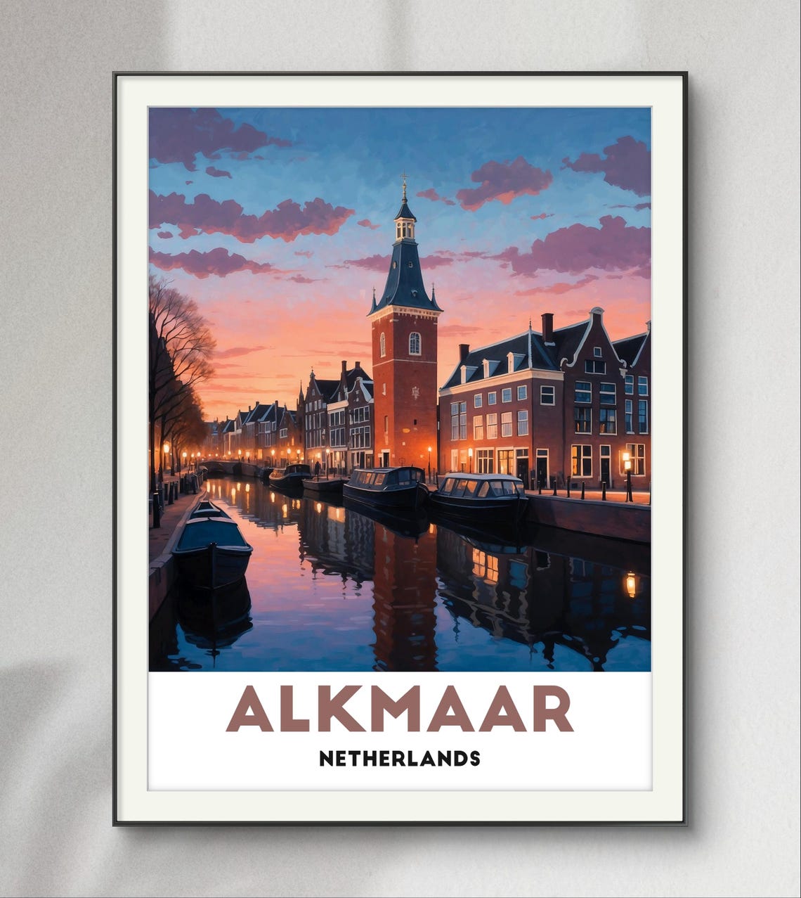 Alkmaar Netherlands Sunset Canal With Brick Clock Tower Travel Poster