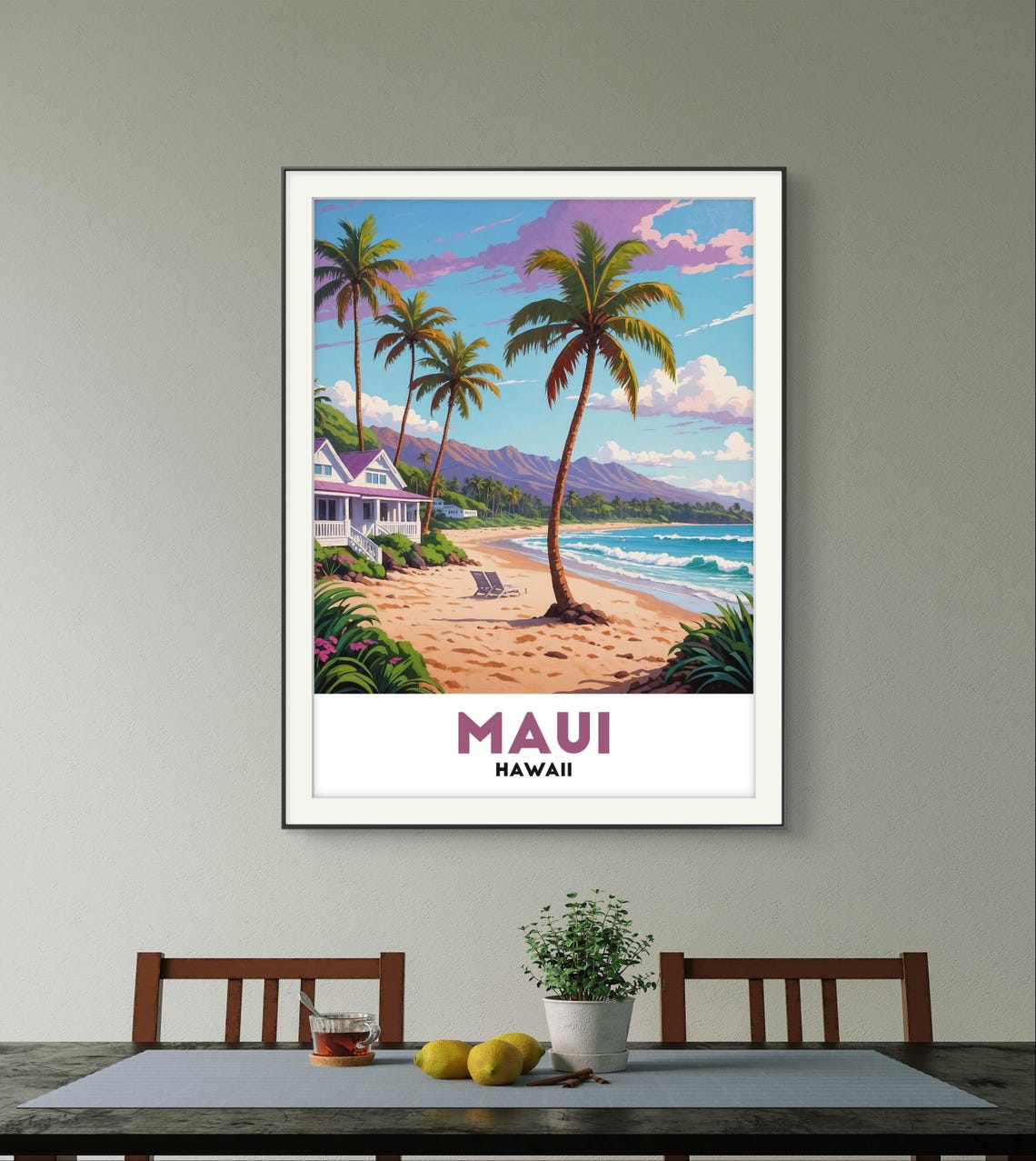 Maui Hawaii Beach House With Palms and Golden Sand Shore View Poster - Image 2