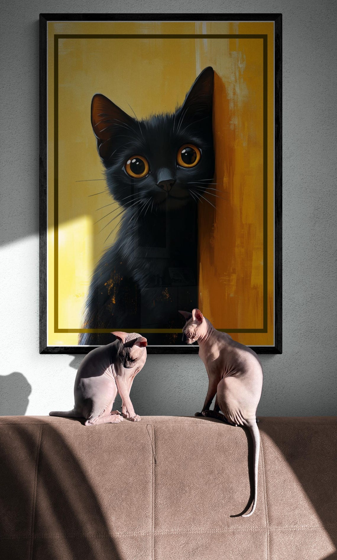 Black Cat Peeking Against Golden Yellow Painted Backdrop Poster - Image 4