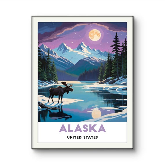 Alaska United States Poster Moonlit Wilderness With Majestic Moose