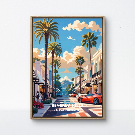 Beverly Hills Poster California Luxury Print Retro Rodeo Drive Art Beverly Hills Wall Decor Glamorous Street Scene Palm Tree Avenue