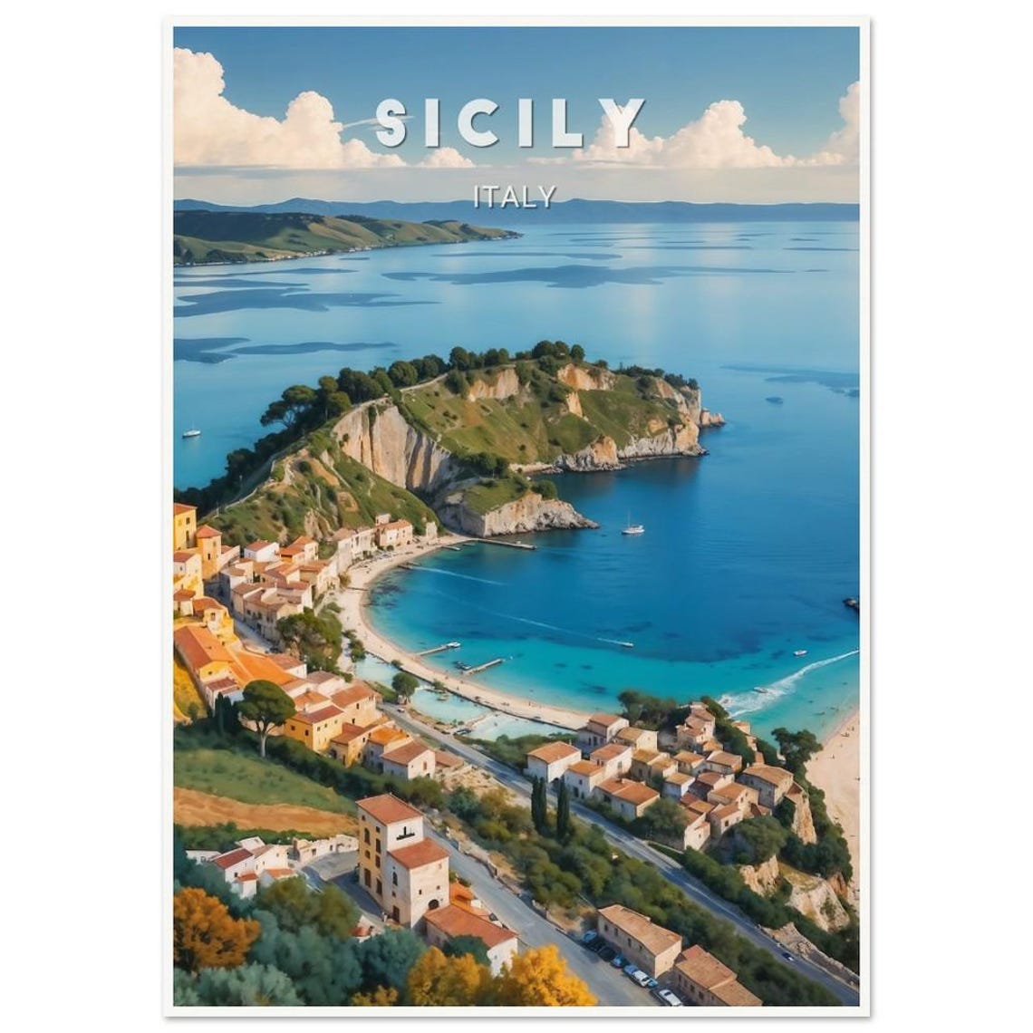 Sicily Italy Cliffside Town Aerial Bay Turquoise Water Poster
