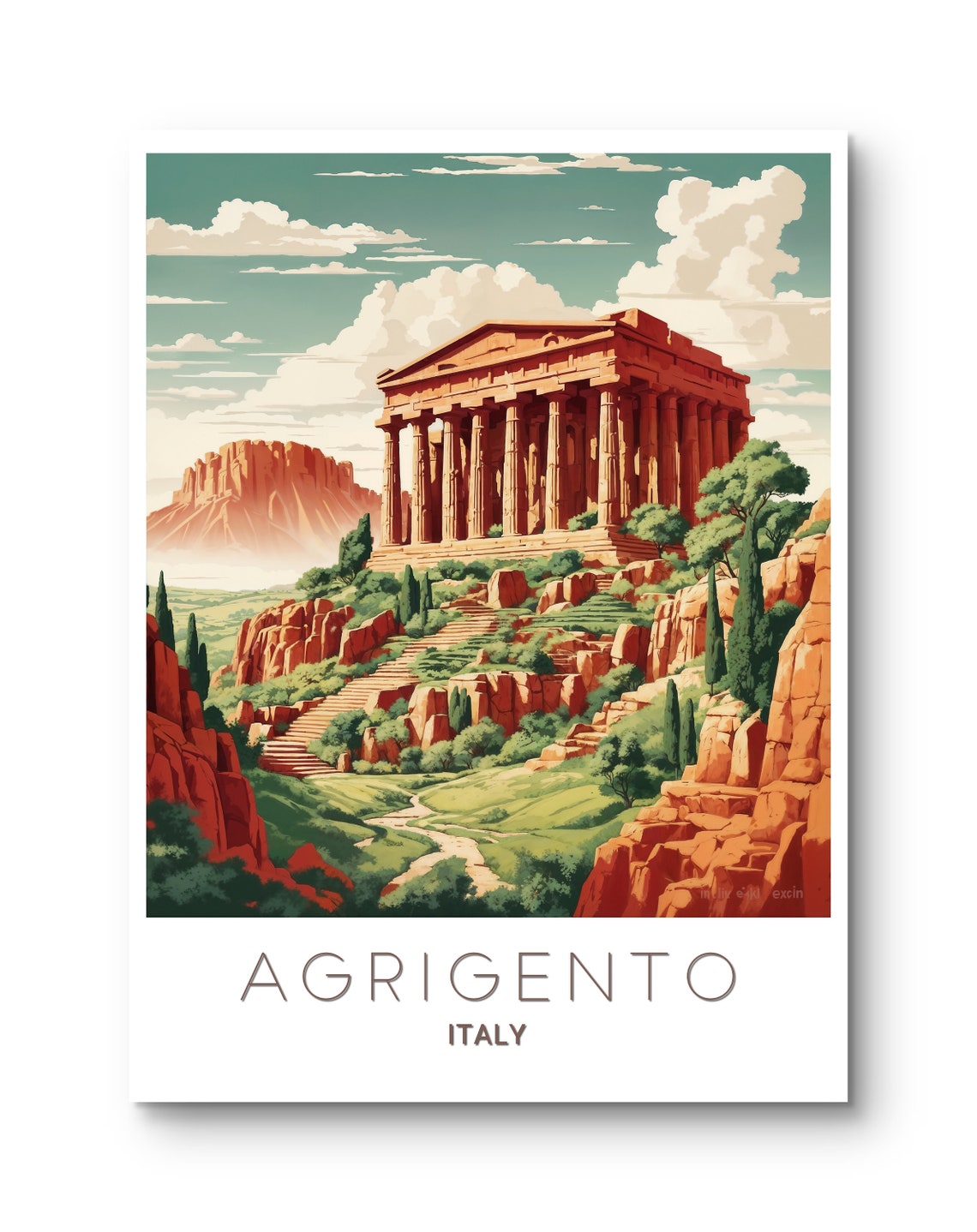 Agrigento Italy Greek Temple Valley Ruins Landscape View Travel Poster