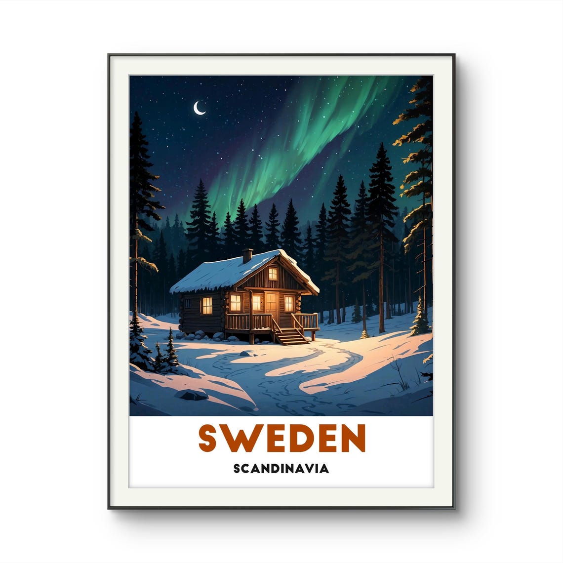 Sweden Scandinavia Cozy Snow Cabin Under Northern Lights Poster - Image 3