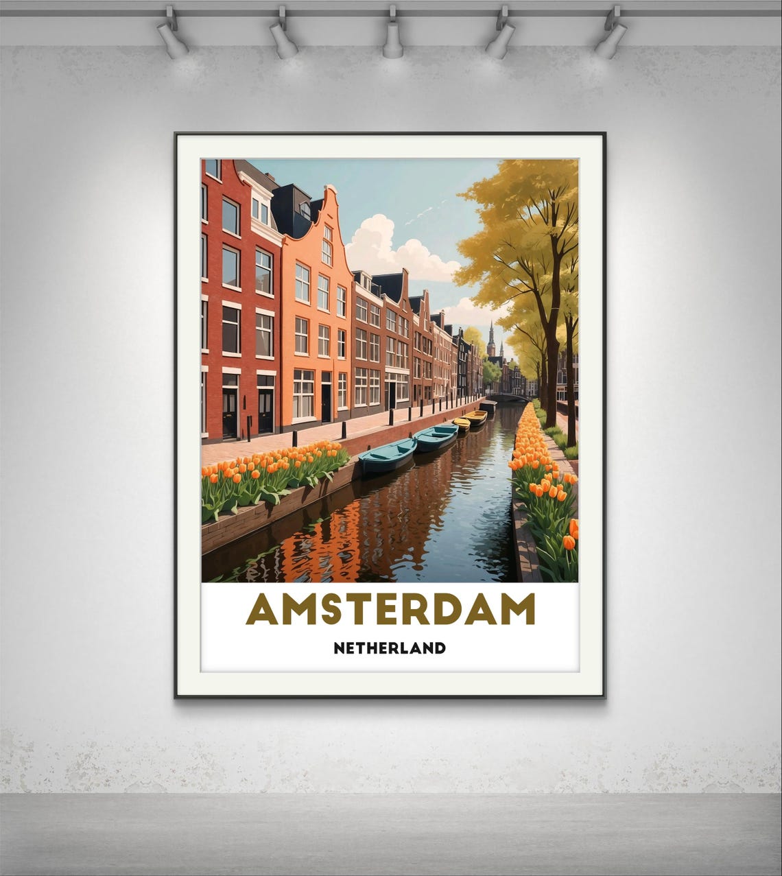 Amsterdam Netherlands Tulip Lined Canal With Boats Travel Poster - Image 2