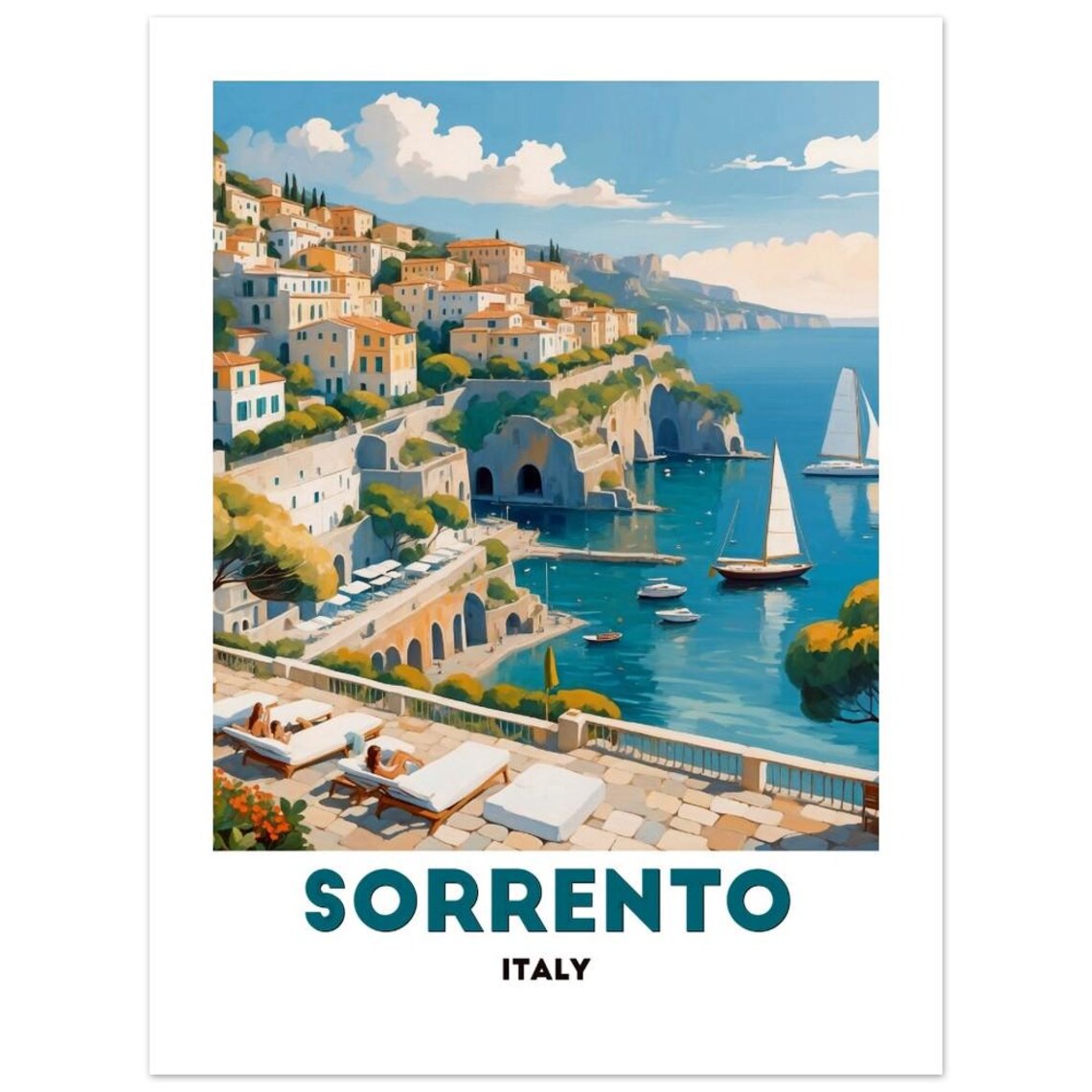 Sorrento Italy Hillside Seaside Village Sun Loungers Travel Poster - Image 2