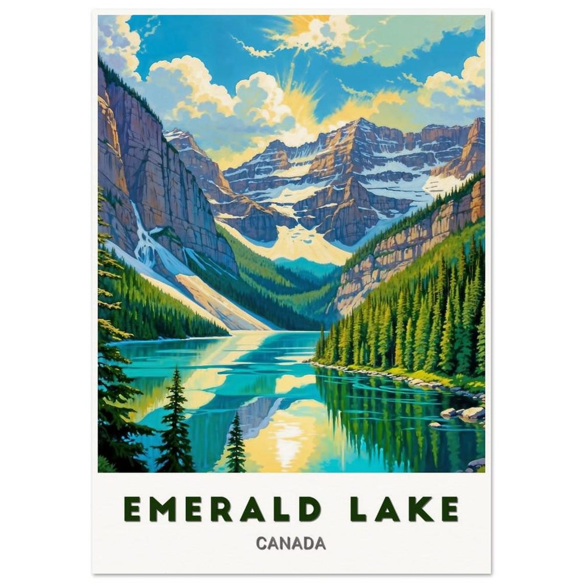 Emerald Lake Canada Sunlit Valley Peak Reflection Vintage Poster