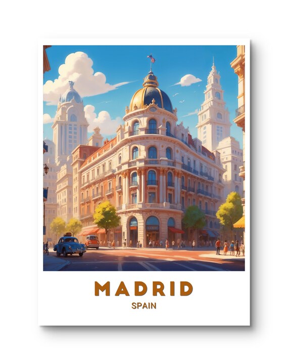 Madrid Spain Grand Historic Dome Architecture Vintage Car Poster