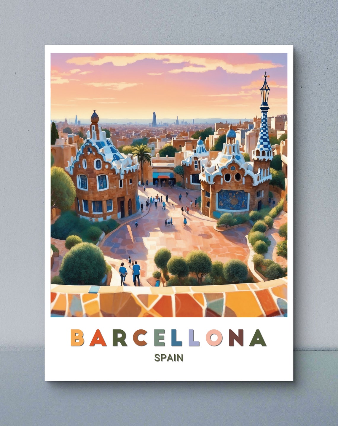 Barcelona Spain Park Guell Sunset Mosaic Gatehouses View Travel Poster - Image 3