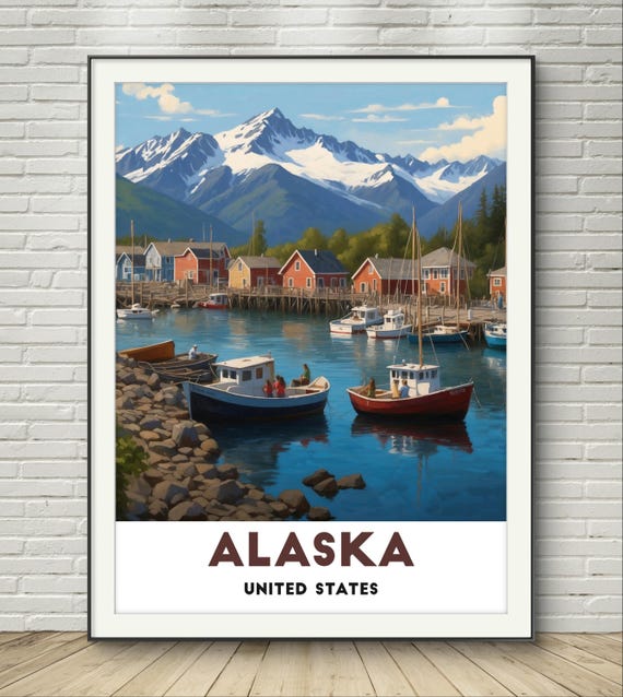 Alaska Fishing Village Harbor Boats Mountain Illustration Poster