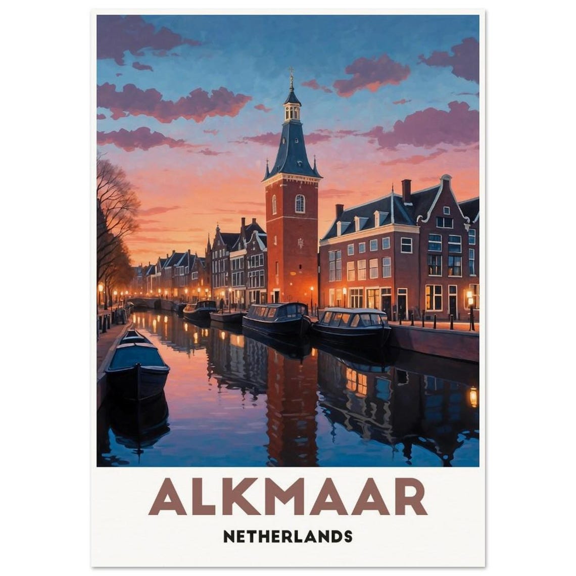 Alkmaar Netherlands Sunset Canal With Brick Clock Tower Travel Poster - Image 3