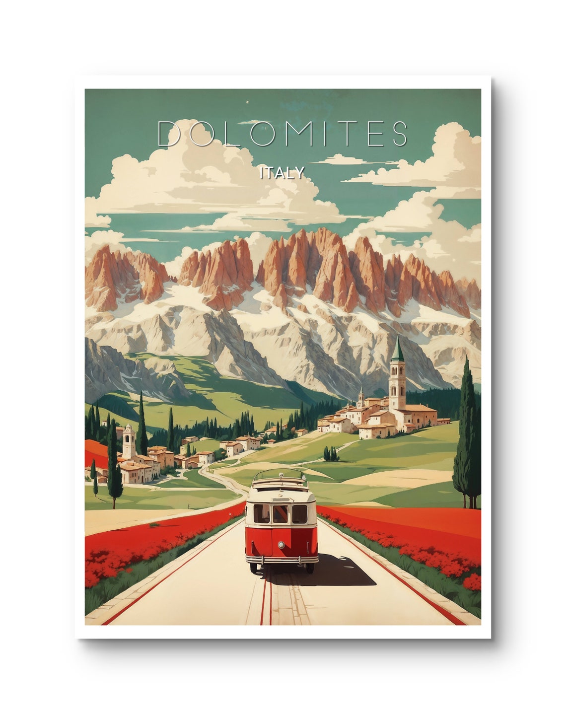 Dolomites Italy Vintage Red Van Alpine Road Peaks Scenic Travel Poster