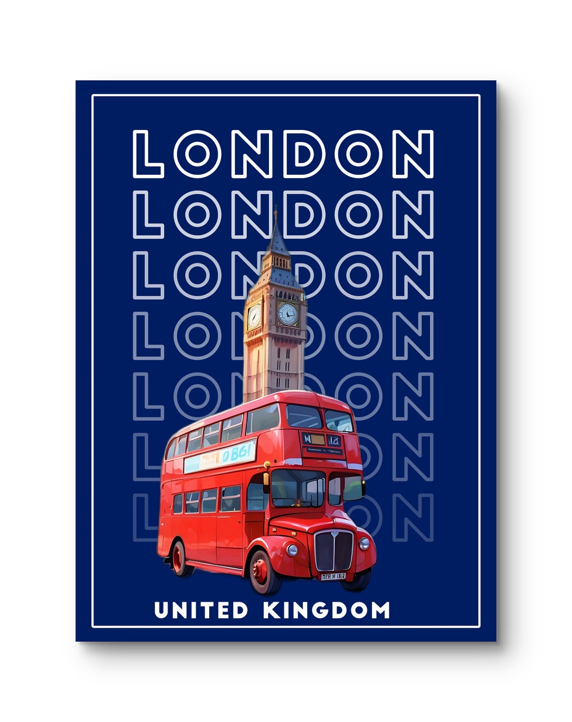 London England Poster Big Ben and Red Double Decker Bus on Navy Blue