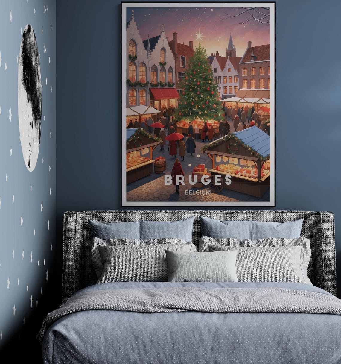 Bruges Christmas Market Tree Stalls Snow Belgium Travel Poster - Image 2