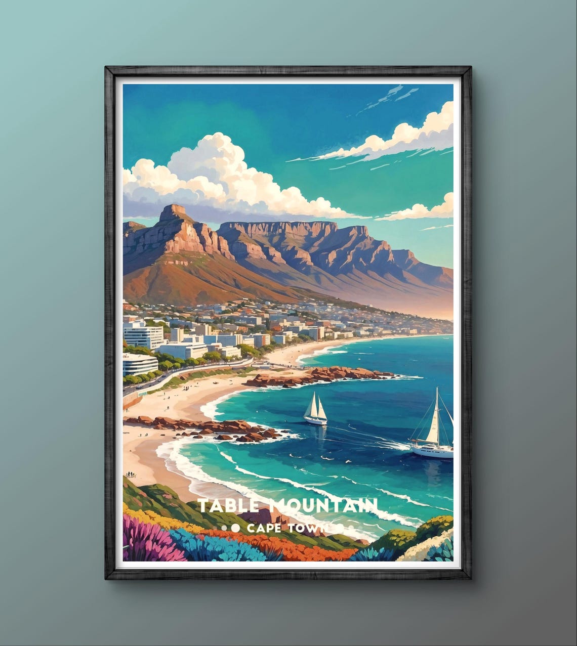 Table Mountain Cape Town Beach Sailboats Coast Travel Poster - Image 4