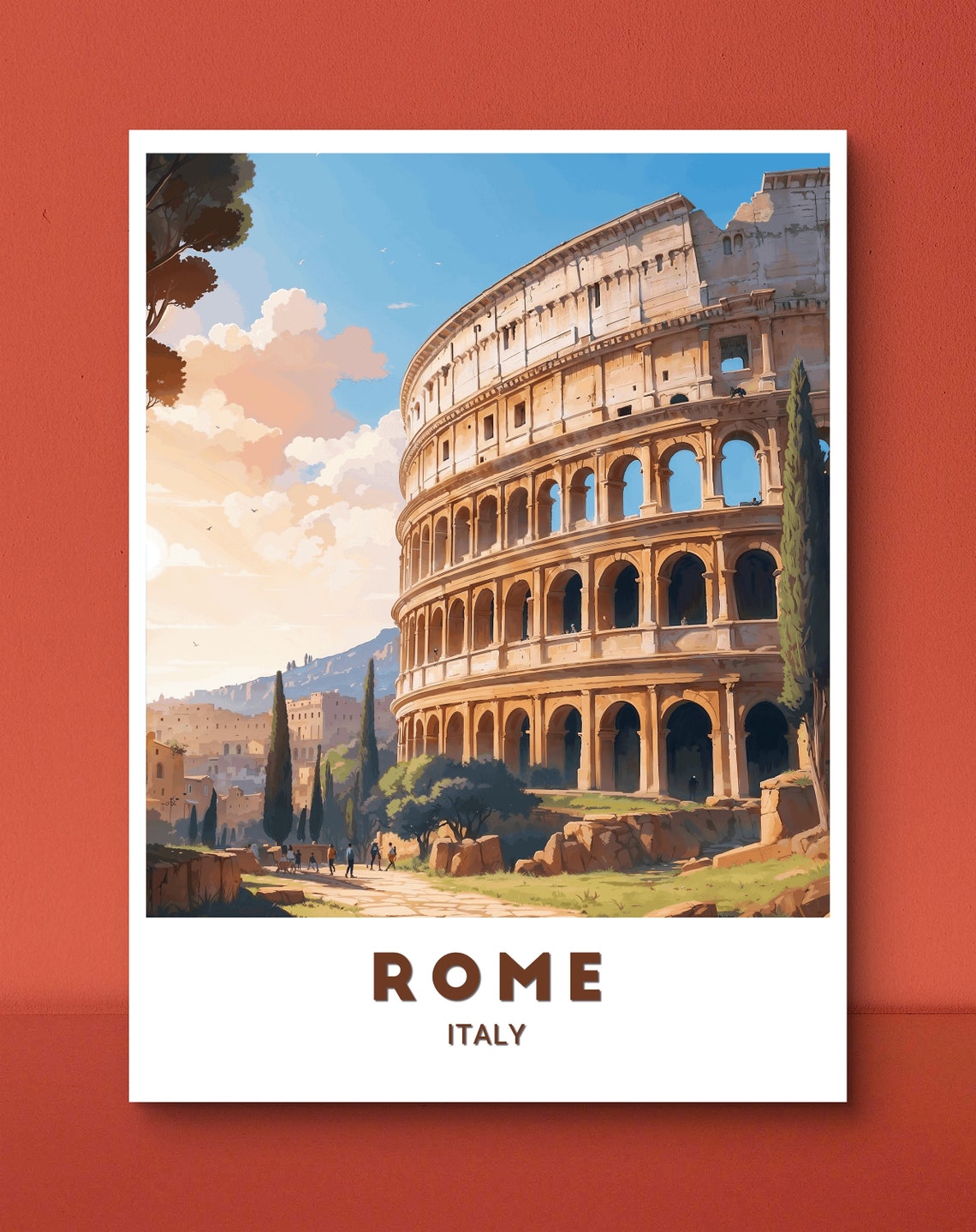 Rome Italy Colosseum Ancient Amphitheater Sunny Day Travel Poster