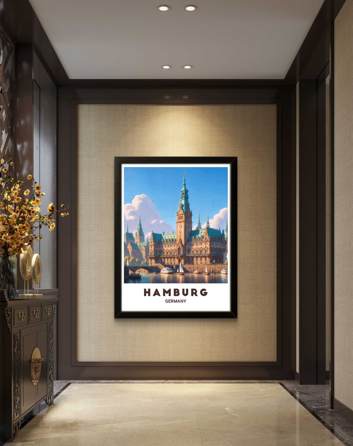 Hamburg Germany Rathaus City Hall Waterfront Boats Travel Poster - Image 2
