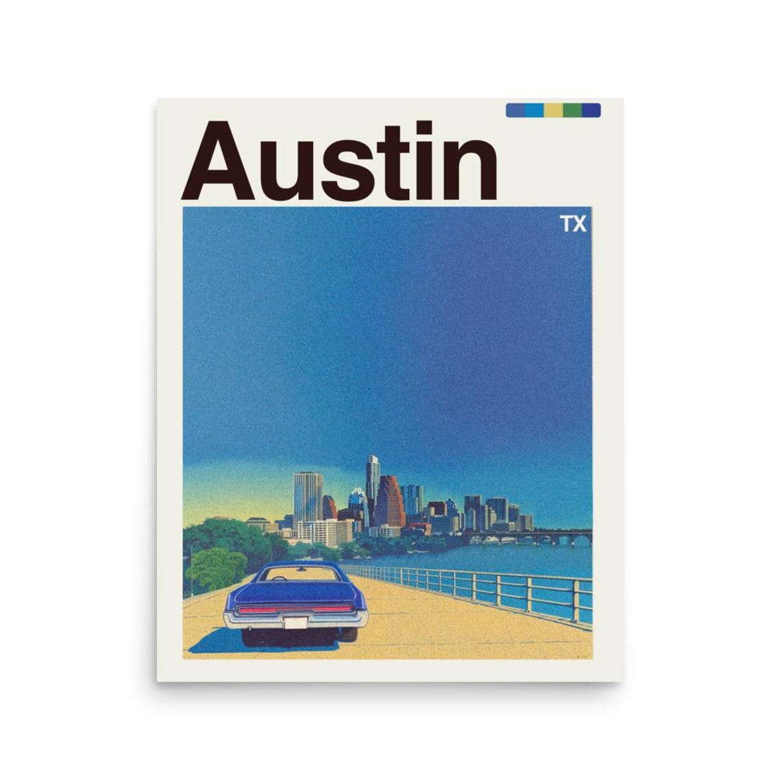 Austin Texas Skyline Classic Car Bridge Sunset Travel Poster