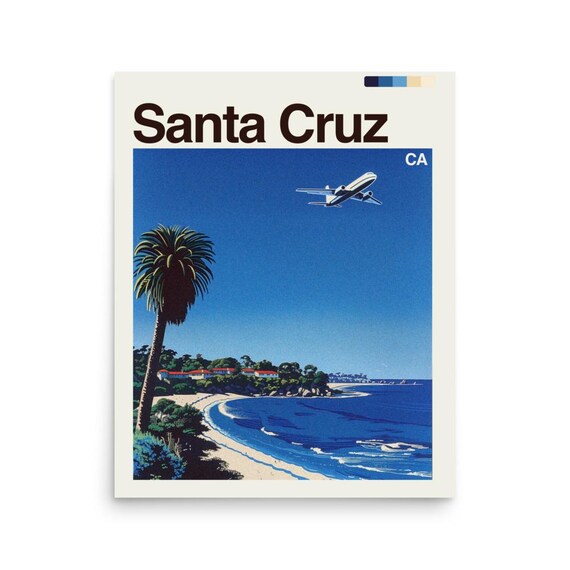 Santa Cruz California Palm Beach Coastline Retro Vintage Travel Poster