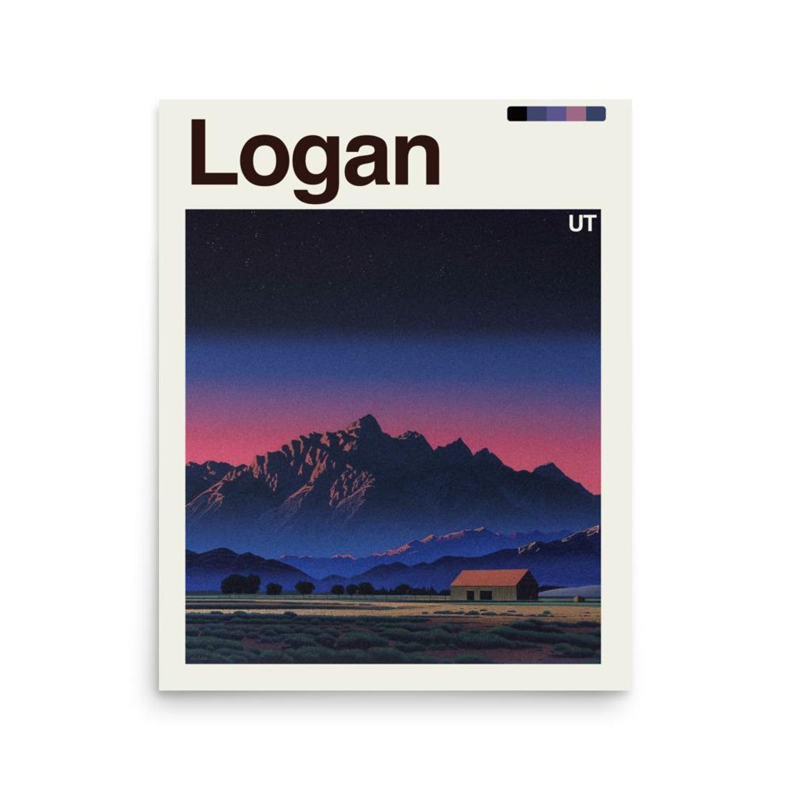 Logan Utah Purple Dusk Mountain And Barn Valley Travel Poster