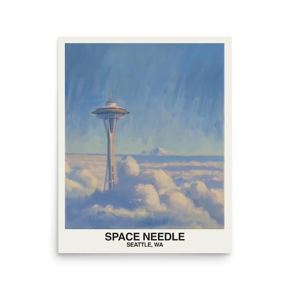 Space Needle Above Clouds With Mount Rainier Seattle Washington Travel Poster
