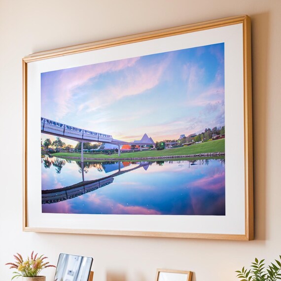 Epcot Monorail Sunset Reflection Disney World Lagoon Photo Poster