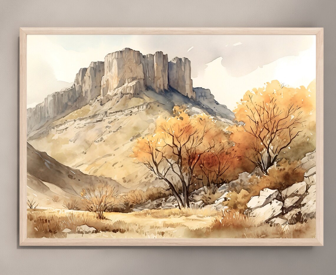 El Capitan Cliff Autumn Trees Golden Meadow Watercolor Desert Poster - Image 2
