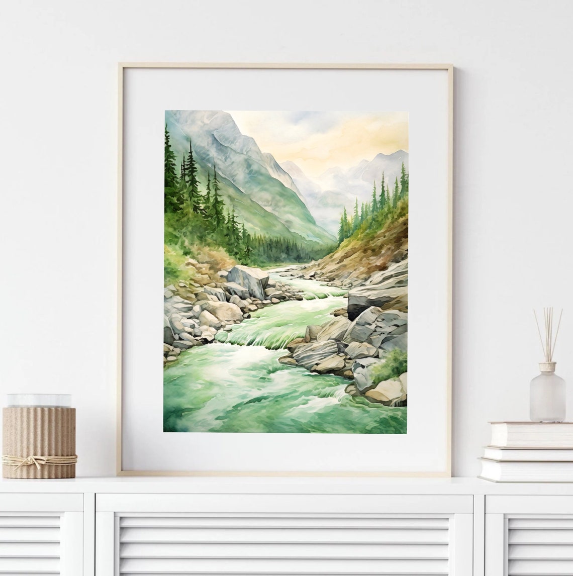 Mountain Stream Rapids Rocky Green Valley Watercolor Art Poster - Image 3