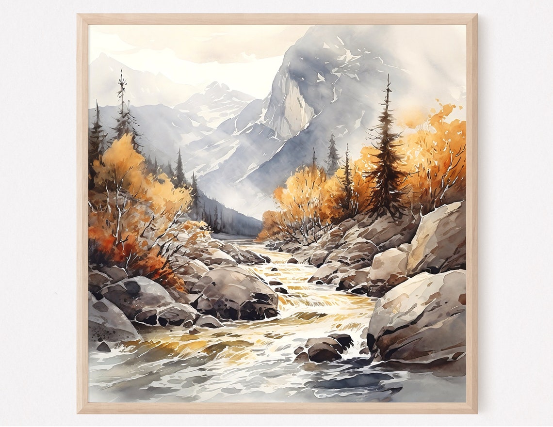 Mountain Stream Autumn Foliage Boulders Misty Watercolor Poster