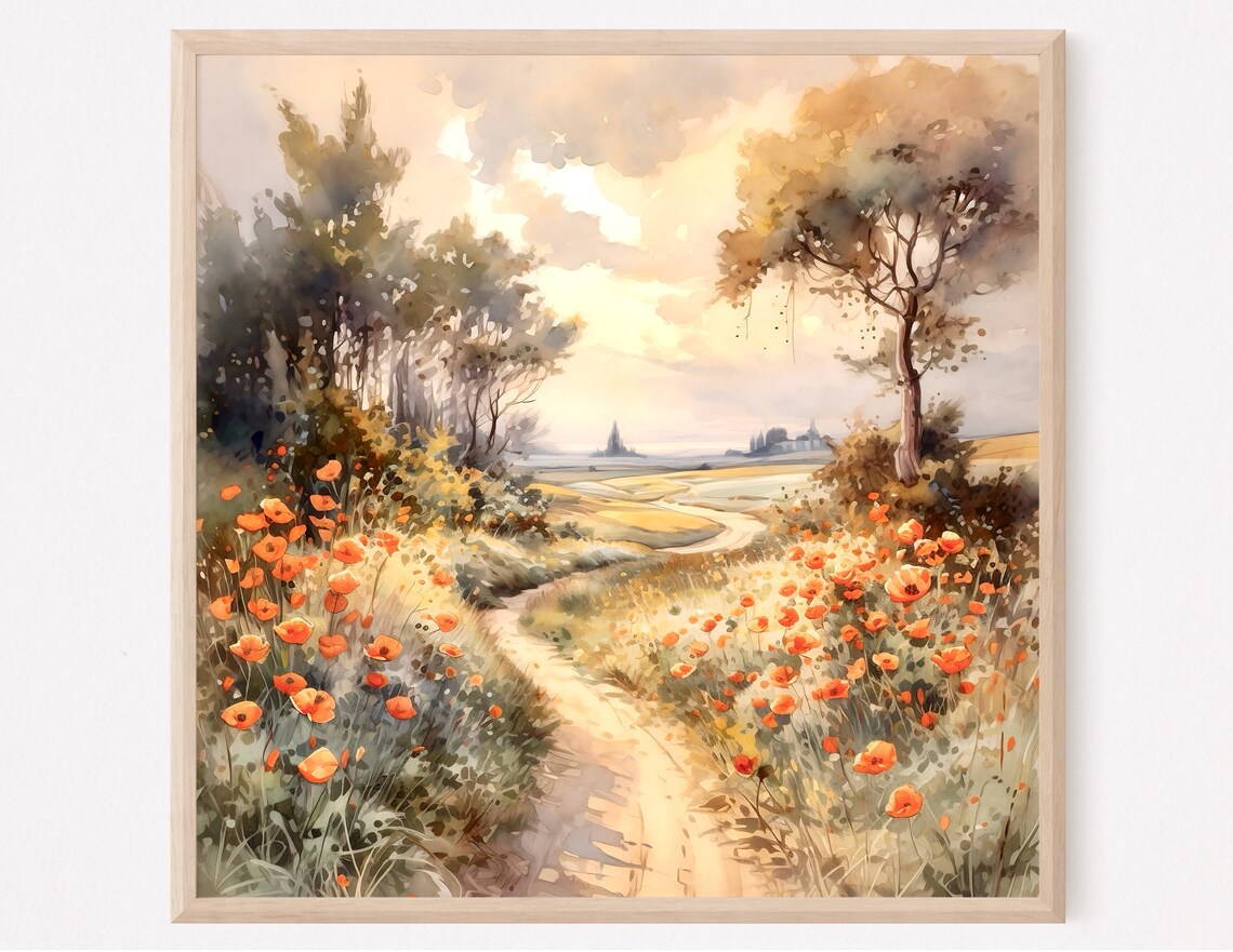 Poppy Dirt Road Countryside Sunset Watercolor Art Scene Poster