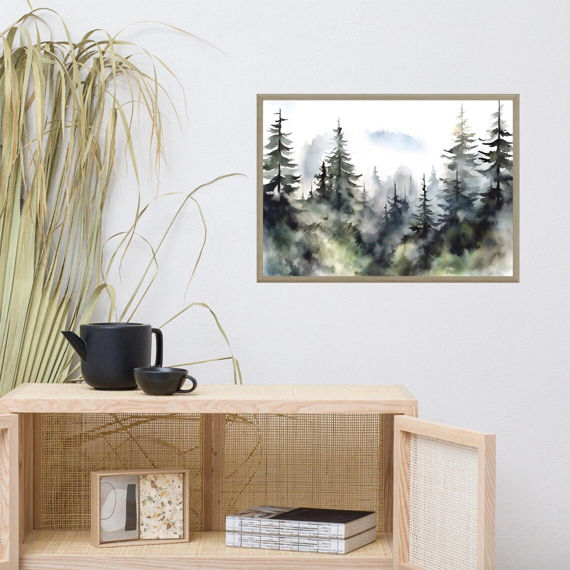 Evergreen Trees Watercolor Misty Forest Art Print - Image 3